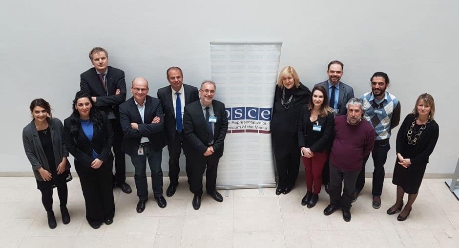 Cypriot journalists with Dunja Mijatović, OSCE Representative on Freedom of the Media and members of her Office, meeting in Vienna, 7 March 2017. (OSCE/Adis Mustedanagic)